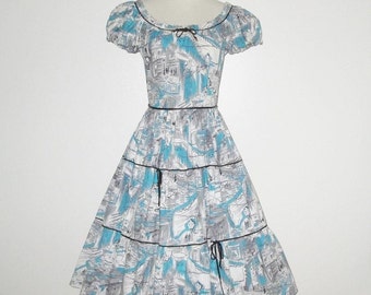 Vintage 50s Novelty Print Dress / 50s Cafe Street Scene Novelty Print Dress / 50s Turquoise & Ivory Dress - Size S, M