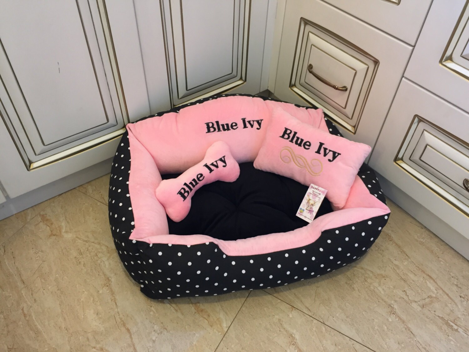 Pink and black polka dot designer dog bed Princess dog bed