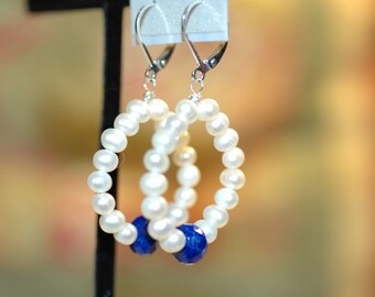 White Fresh Water Pearl and Lapis Lazuli Hoop Earrings