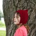 handmade knitted baby bonnet, newborn bonnet, toddler bonnet, pixie bonnet, red bonnet, spring bonnet, autumn bonnet, little red riding hood