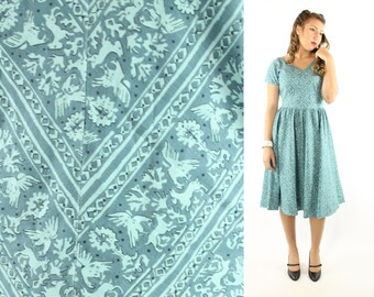 Vintage 50s Novelty Dress Rabbit Eagle Short Sleeves Full Skirt 1950s Medium M Pinup Rockabilly Blue Cotton Day Sundress