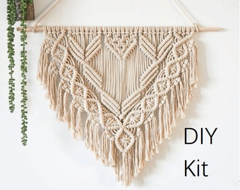 Macrame Hanging Wall Tapestry DIY Kit, Boho Decor, Wall Art, Bohemian Beige Yarn Tapestry, Weave Crochet, Pattern Kit, How To Kit