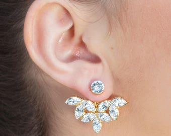 Bridal Ear Jacket Earrings, Gold Crystal Stud Earrings, Swarovski Wedding Earrings, Bridal Ear Cuff, Bridal Ear Jacket Earring, Gift For Her