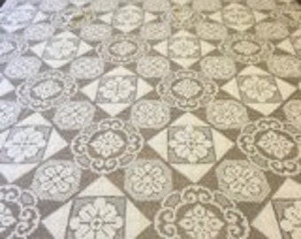 A 1950's Beautiful White Cotton Handmade Filet Lace Tablecloth.