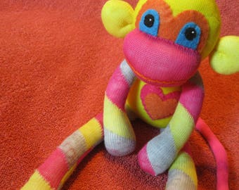 Hoopla - Best Friend Sock Monkey Plush - Yelow Stripes Pink - Handmade Doll
