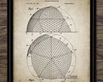Vintage Buckminster Fuller Patent Print - 1954 Building Design - Architecture - Geodesic Dome - Single Print #906 - INSTANT DOWNLOAD