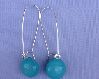 Turquoise Fused Glass Sterling Silver Long Danglies Earrings