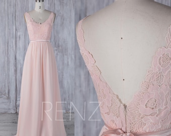 Bridesmaid Dress Peach Chiffon Dress,Wedding Dress,Lace Illusion V Back Party Dress with Sash,Sleeveless Maxi Dress,A Line Prom Dress(L295)