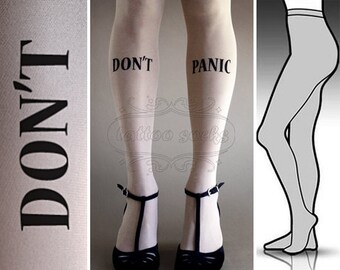 s/m Don't Panic tattoo tights / stockings / full length / pantyhose / nylons WHITE