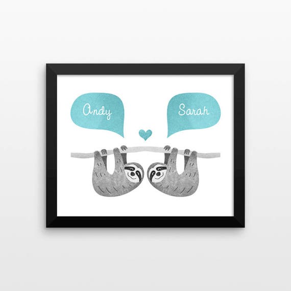 SLOTH Couple Wall Art Print Valentines Day Gift Idea Engagement Gift for Her Anniversary Gift Personalized Wedding Gift Animal Couples Gift