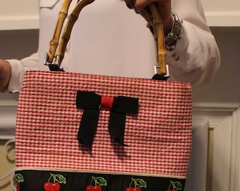 Red Checkers and Cherry Purse with Bamboo Handles