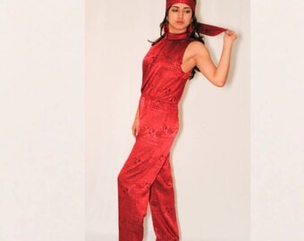 Vintage 1970's Red Satin Brocade Jumper with Mock