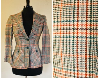 Vintage Collegetown Blazer Wool Plaid Green Orange Tan Brown Preppy 1970s