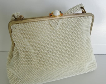 Vintage 50's Ivory Lumured Corde Bead Handbag