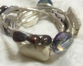 Bronze Purple-tint Freshwater Pearls On Wire Wrapped Bangle - Freshwater Pearls On Silver Non-Tarnish Wire
