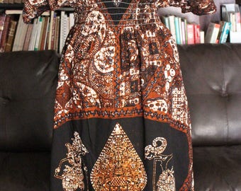 Vintage Dashiki Black Brown Ethnic Long Maxi Caftan Short Sleeve Dress | Size Small