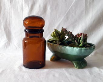 Vintage Amber Apothecary Jar, Brown Glass Jar, Bubble Top Lid, Made in Belgium