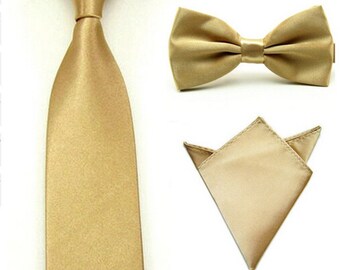 Gold Tie, Bow Tie & Pocket Square | skinny tie | gold tie set | wedding tie | wedding ideas | ideas | groom | gold bow tie | wedding set