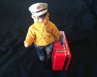 Vintage Tin Toy, Wind Up Toy, Man Carrying a Suitcase - 1970