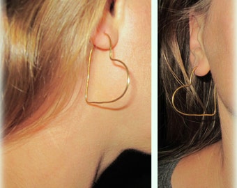 Heart Hoop Earrings, Organic Gold Heart Earrings, Bridesmaid Gift, Wedding, Romantic Jewelry, Love Jewelry, Christmas gift / E510