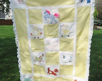 Vintage Yellow Gingham Crib Quilt, Farmhouse Applique/Embroidery Blocks, 1970s