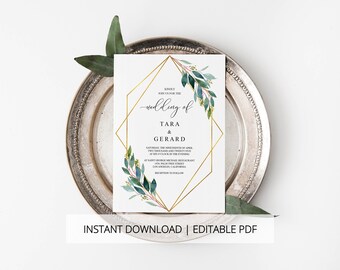 Greenery Gold Wedding Invitation Template, Printable Wedding Invitation, Geometric Wedding, Instant Download, Editable Invitation- TARA