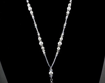 Cute beaded breakaway lanyard white glass pearls and crystals 32" to 46" long ID badge holder with magnetic or toggle clasp , gift under 20