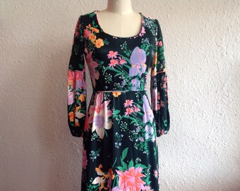 1960s Black floral maxi dress