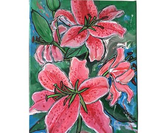 Pink Tiger Lilies, Original Flower Acrylic Painting on Canvas, Not Print, Ready to Hang, 8x10