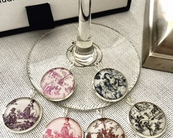 Glass identifiers / Toile de Jouy/ cristal clear resin/ gift host & hostess/ 18 or 20 mm/ set of 6/