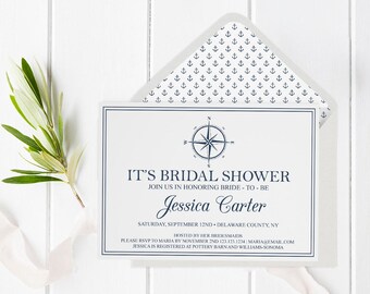 Nautical Bridal Shower Invitation Template, Compass Bridal Shower, Printable Wedding Bridal Shower Invite, Envelope Liners, DIY You Print