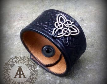 Black Leather Celtic Cuff Bracelet with Celtic Knot