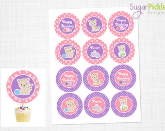 Kitty Cupcake Topper, Kitty Birthday, Kitty Party Printable, Kitty birthday party, Cat Cupcake Toppers, Pink & Purple Cat Party - 2.25 inch