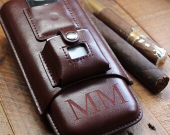 Brown Leather Cigar Case with Lighter and Cutter - Personalized Groomsmen Gift for Men, Birthday Gift, Gifts For Him