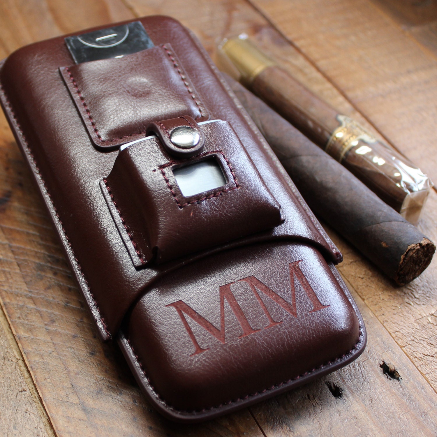 Brown Leather Cigar Case with Lighter and Cutter