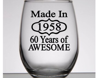 60th Birthday Gift for Men, 60th Birthday Gift for Women, Birthday Wine Glass, Birthday Gift for Mom, Made in 1958, 60th Party Favors