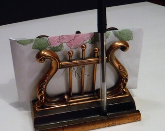 Copper Harp Letter Holder, Musical Desk Accessories, Desk Organizer, Greek Lyre Harp Copper Metal Desk Letter Mail Holder, Napkin Holder