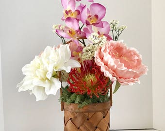 Silk Foral Arrangment with Silk Hibiscus, Orchid Carnations and Tropical Flowers in a Wood Weave Basket