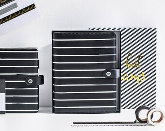 DOKIBOOK White Stripes A5 A6 Faux Leather Organizer Planner Notebook Binder PU Black