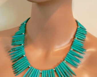 Turquoise Spiked Collar/Sterling Silver Spaces/Turquoise Silver Clasp/Statement Necklace/Bold/Dramatic/