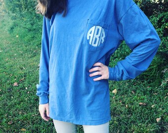Long-sleeved monogram pocket t-shirt / Long-sleeved pocket t-shirt / Comfort colors long-sleeved t-shirt / pocket tee