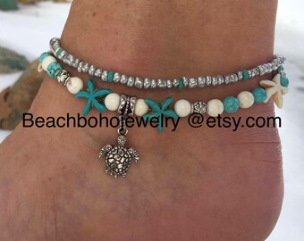 Beach Anklet, Turtle Anklet, Ankle Bracelet, Starfish Anklet, Woman's Anklet, Anklets For Women, Anklet, Beaded Anklet, Beach Jewelry