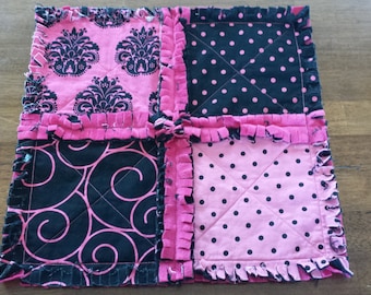 Hot Pink and Black Damask Mini Security Blanket - Rag Quilt