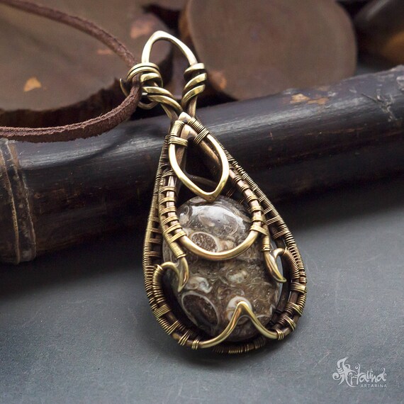 Turritella brass wire wrapped pendant // Turritella wire wrap