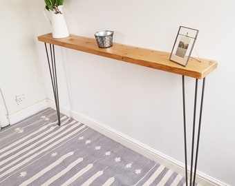 Narrow Rustic Console Table with Hairpin Legs, Slimline Hall Table, Narrow Wooden Rustic Hallway Table