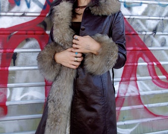 INCREDIBLE Vintage 1970's Leather Fur Trim Penny Lane Chocolate Brown Calf length Coat Size AU6-8