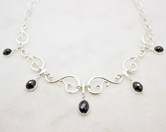 Black Swan Hand-forged Statement Necklace in Argentium Silver with Hematite, Silver Gothic Link Necklace, Gothic Revival Silver Necklace