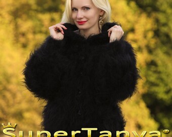 Made to order hand knitted mohair cardigan, super fuzzy sweater in black by SuperTanya