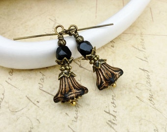 Black Earrings, Dark Gray Earrings, Flower Earrings, Bell Flower Earrings, Czech Glass Beads, Vintage Look Earrings, Victorian Earrings