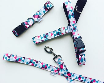Dog harness adjustable - Multitriangles - fuchsia and blue / Regular dog harness / No pull dog harness /Small dog harness /Large dog harness